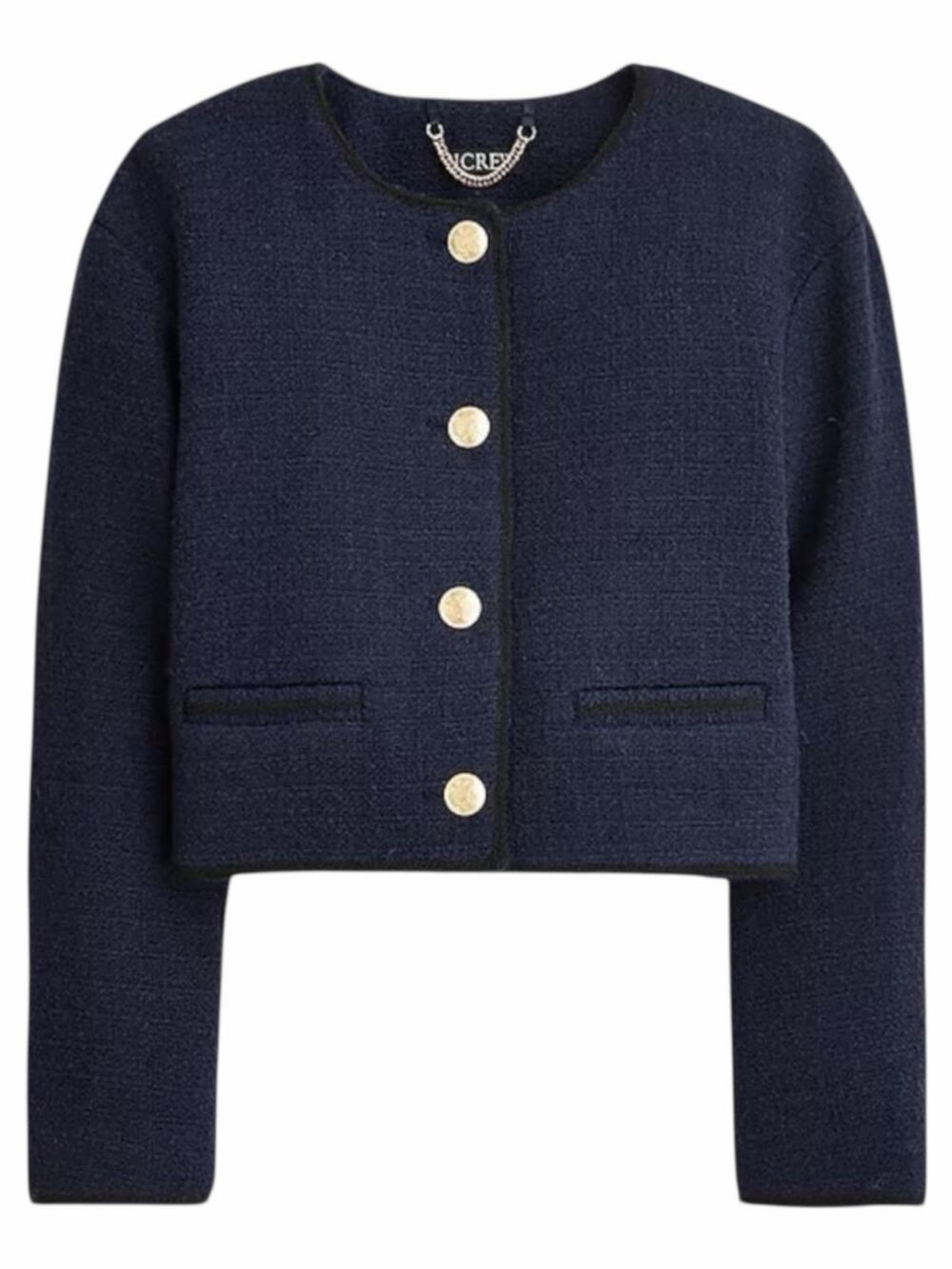 J. Crew Tweed Bomber Lady Jacket Wool Blend Navy Gold Button Size 14